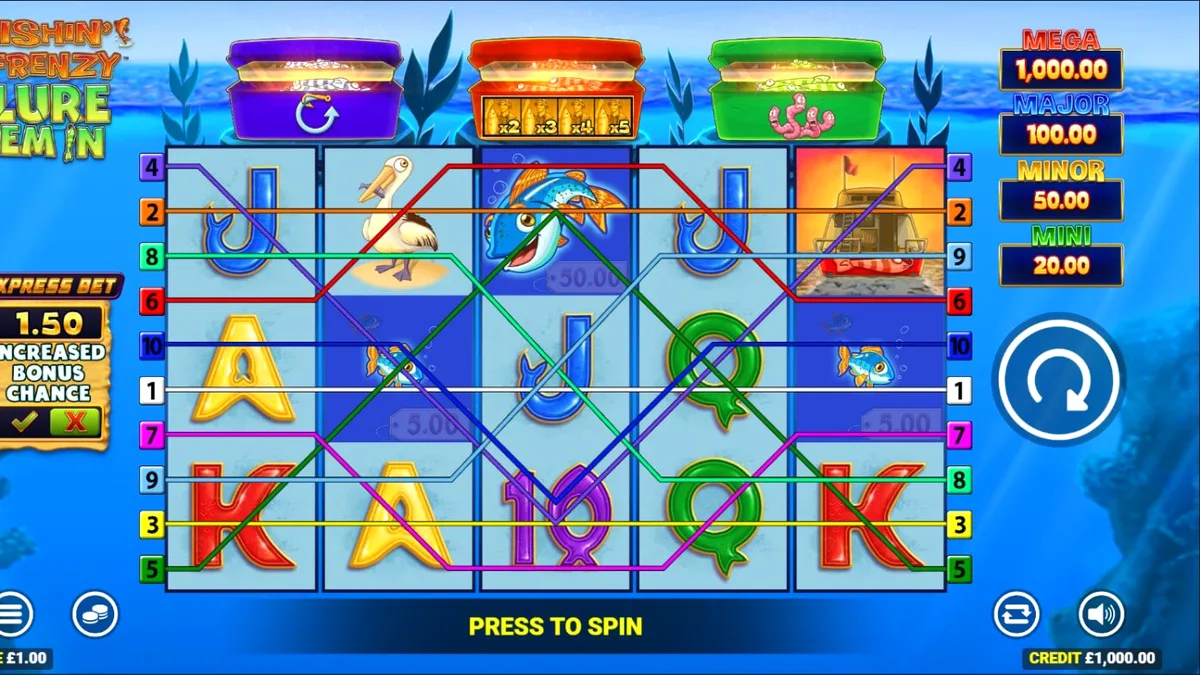 Pemandangan danau tenang dalam slot Fishin Frenzy Lure Em In