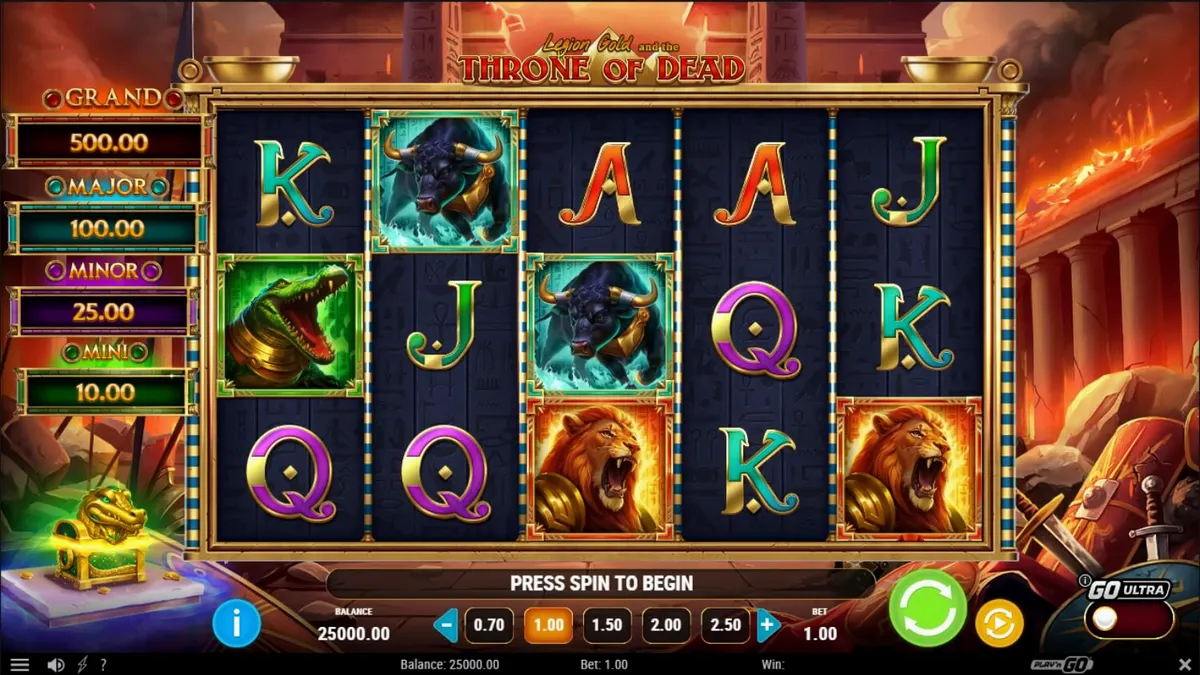 Tampilan visual slot Legion Gold and the Throne of Dead dengan nuansa Mesir kuno