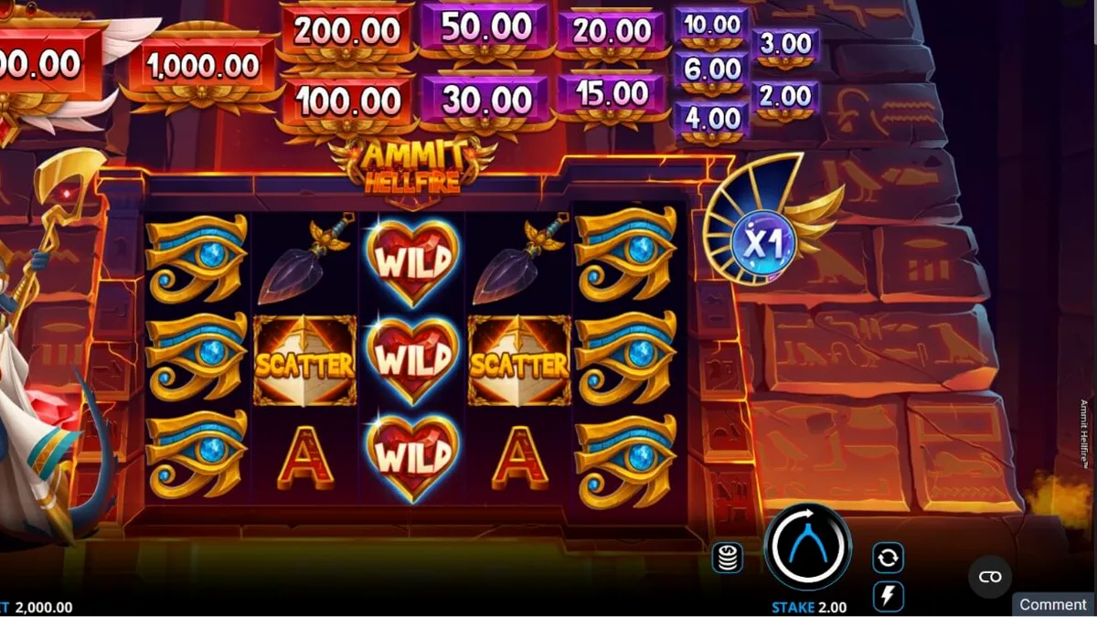 Tampilan visual slot Ammit Hellfire dengan latar belakang Mesir yang penuh warna