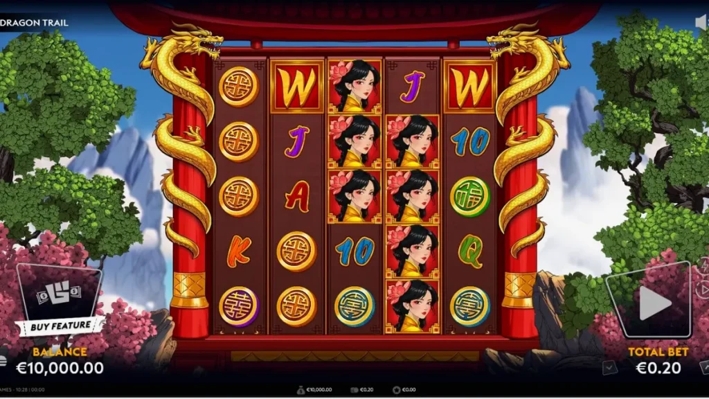 Tampilan antarmuka seluler slot Dragon Trail dengan grafis naga yang tajam