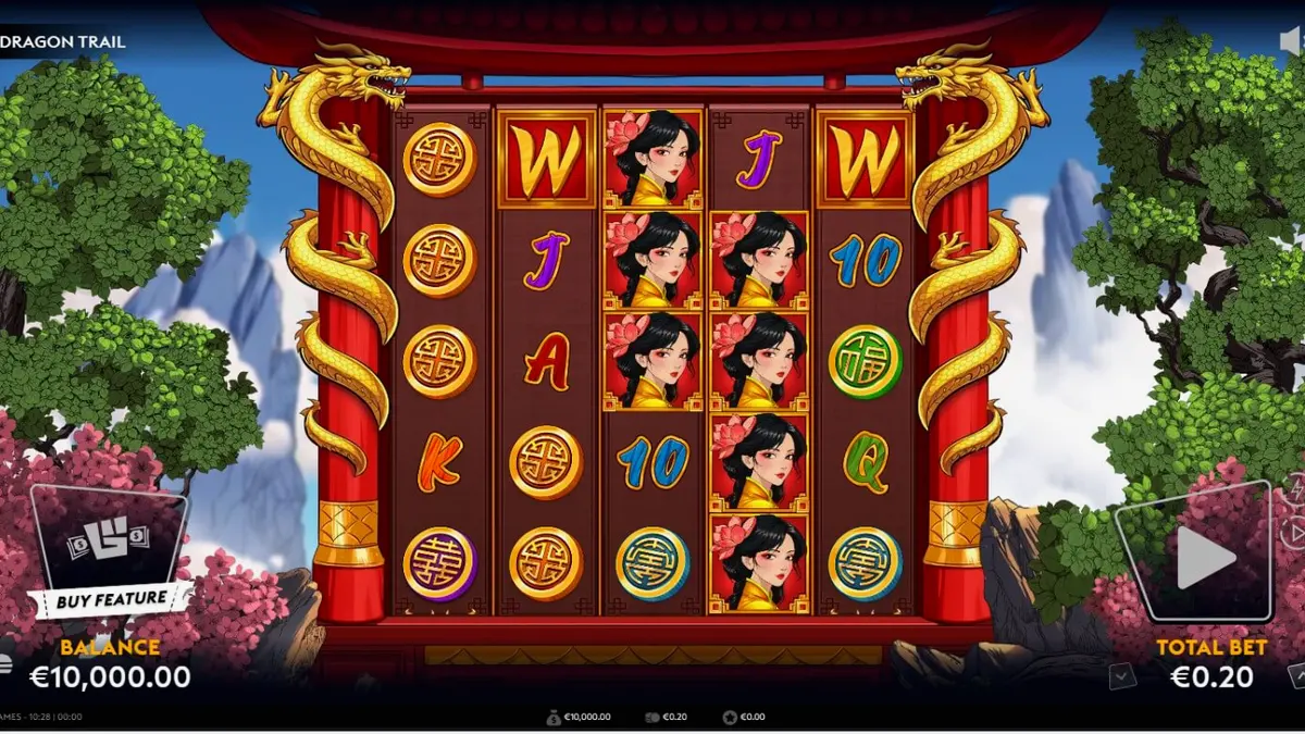 Tampilan antarmuka seluler slot Dragon Trail dengan grafis naga yang tajam